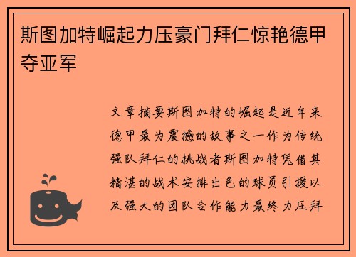 斯图加特崛起力压豪门拜仁惊艳德甲夺亚军 斯图加特崛起力压豪门拜仁惊艳德甲夺亚军
